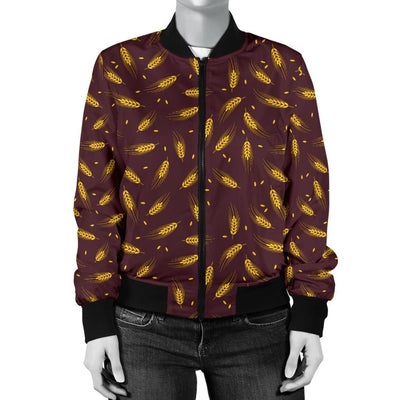Agricultural Gold Wheat Print Pattern Women Casual Bomber Jacket