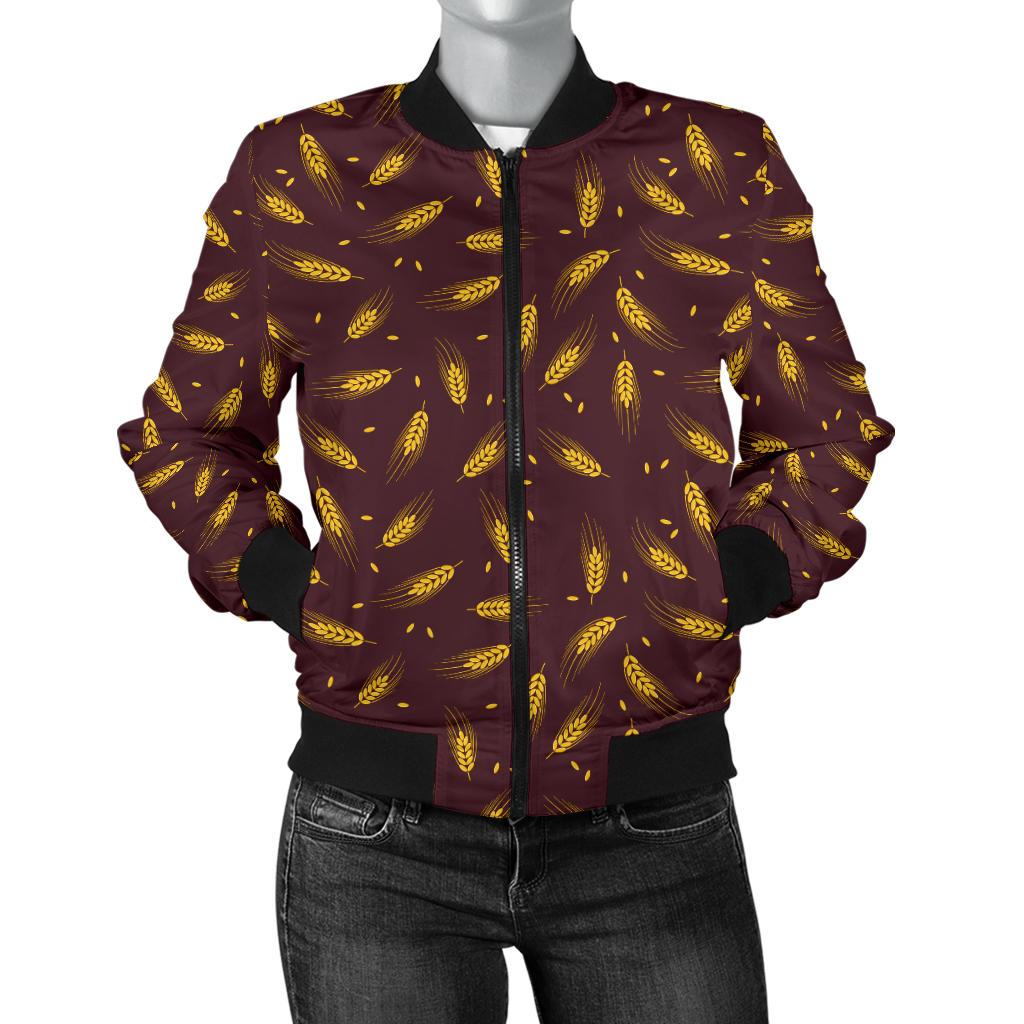 Agricultural Gold Wheat Print Pattern Women Casual Bomber Jacket
