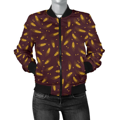 Agricultural Gold Wheat Print Pattern Women Casual Bomber Jacket