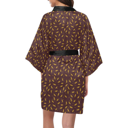 Agricultural Gold Wheat Print Pattern Women Short Kimono Robe