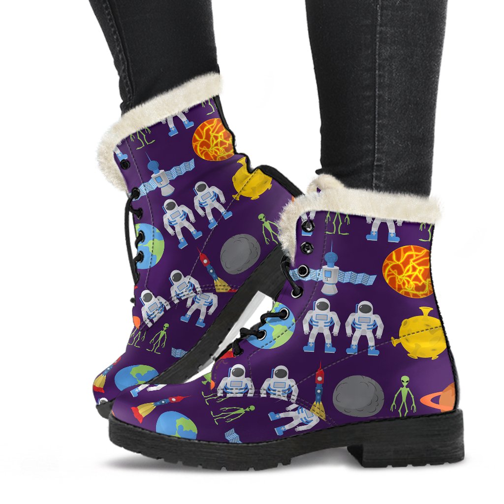 Alien Astronaut Planet Faux Fur Leather Boots-JTAMIGO.COM