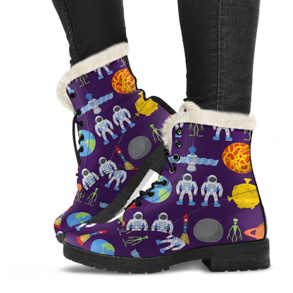 Alien Astronaut Planet Faux Fur Leather Boots-JTAMIGO.COM
