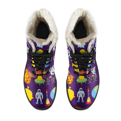 Alien Astronaut Planet Faux Fur Leather Boots-JTAMIGO.COM
