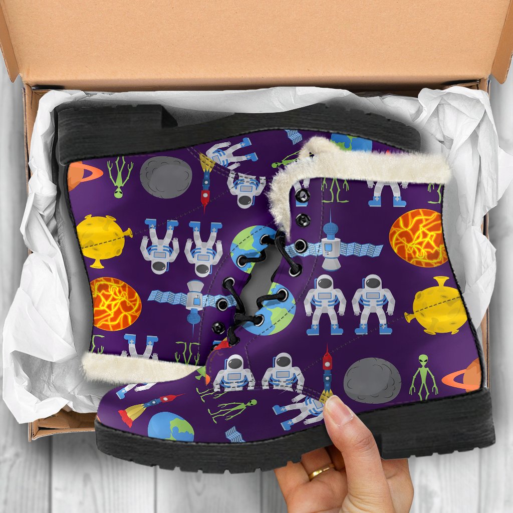 Alien Astronaut Planet Faux Fur Leather Boots-JTAMIGO.COM