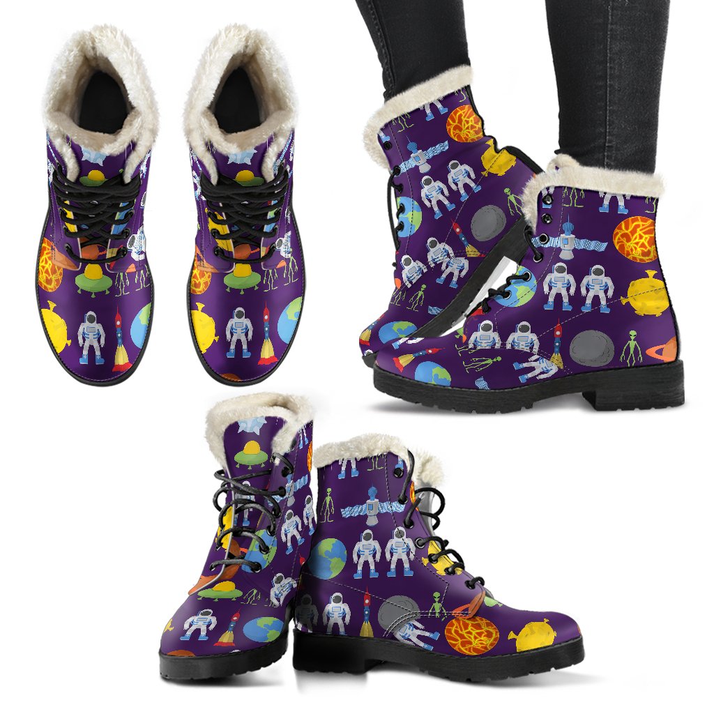 Alien Astronaut Planet Faux Fur Leather Boots-JTAMIGO.COM