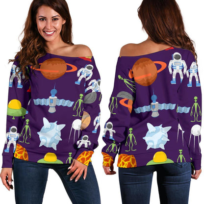 Alien Astronaut Planet Off Shoulder Sweatshirt