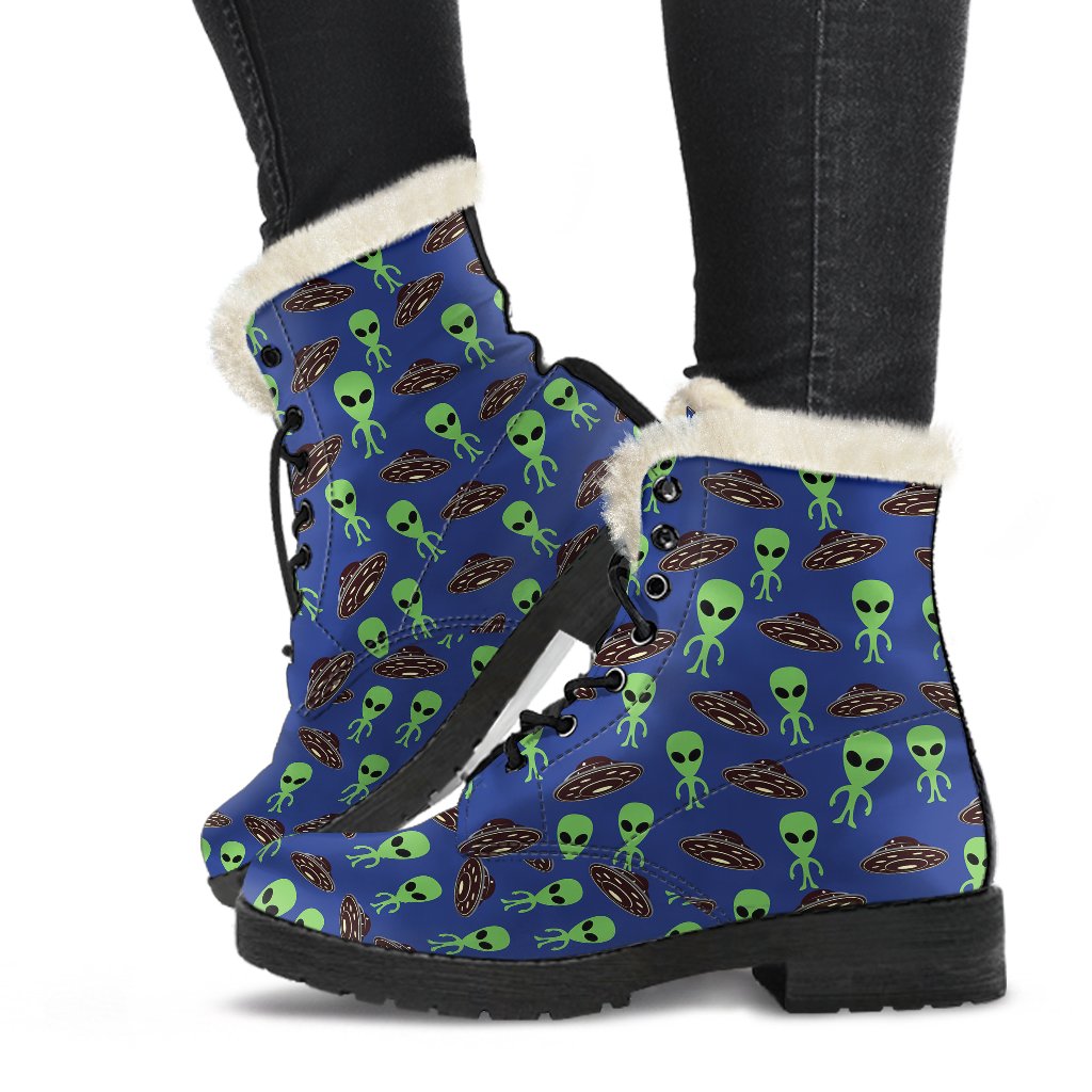 Alien Green UFO Pattern Faux Fur Leather Boots-JTAMIGO.COM