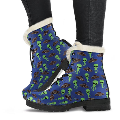 Alien Green UFO Pattern Faux Fur Leather Boots-JTAMIGO.COM