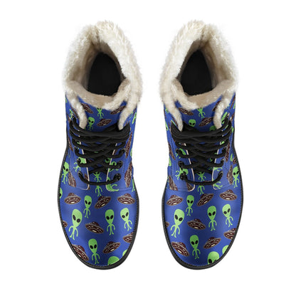 Alien Green UFO Pattern Faux Fur Leather Boots-JTAMIGO.COM