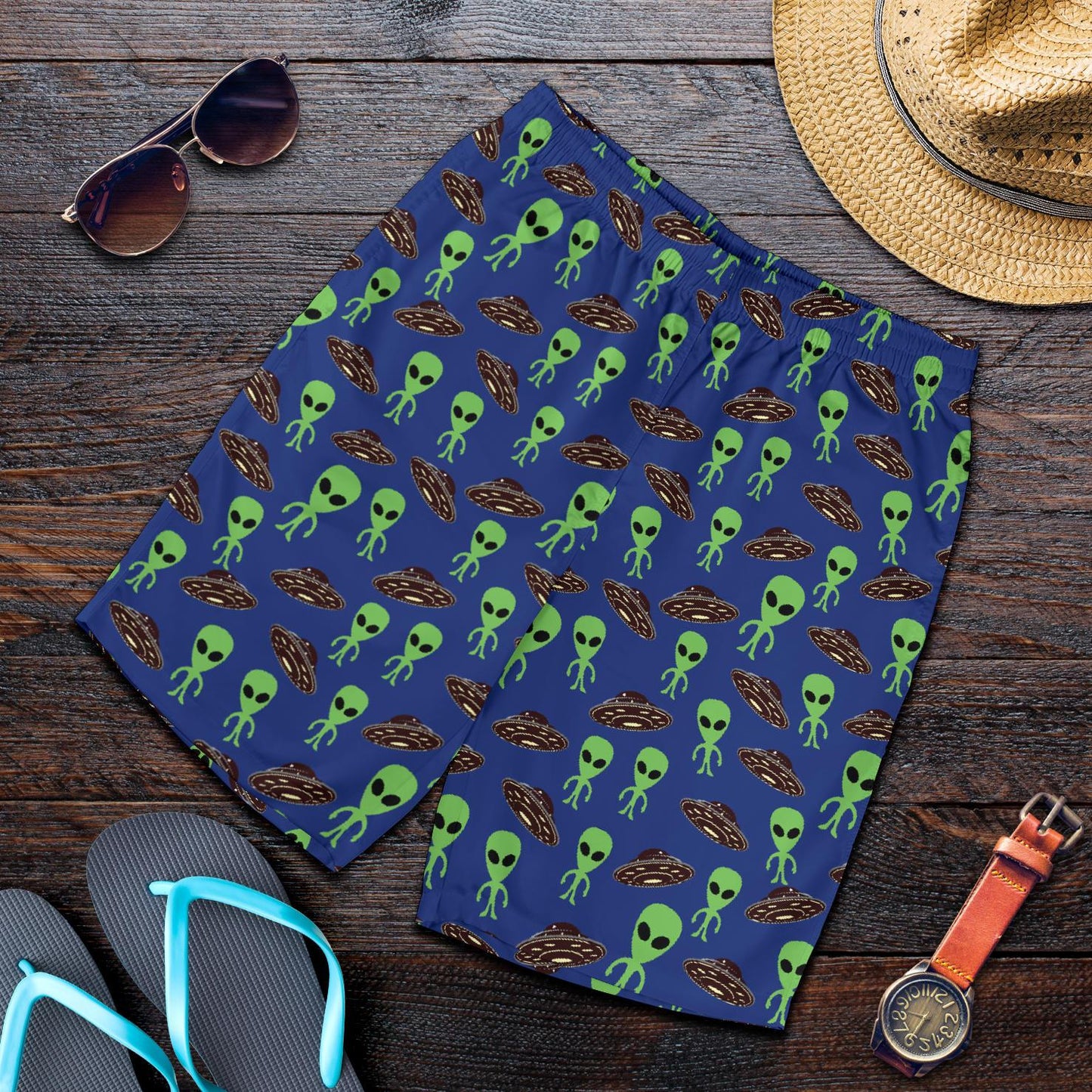 Alien Green UFO Pattern Mens Shorts-JTAMIGO.COM