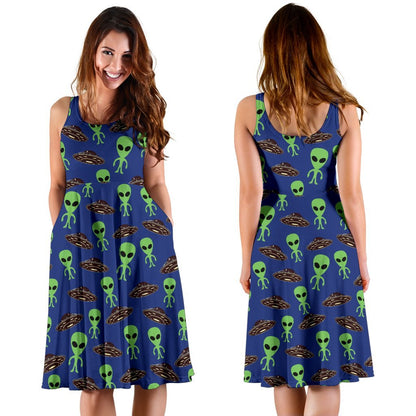 Alien Green UFO Pattern Sleeveless Dress