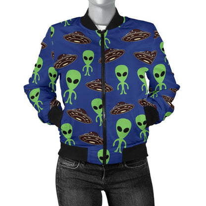 Alien Green UFO Pattern Women Casual Bomber Jacket