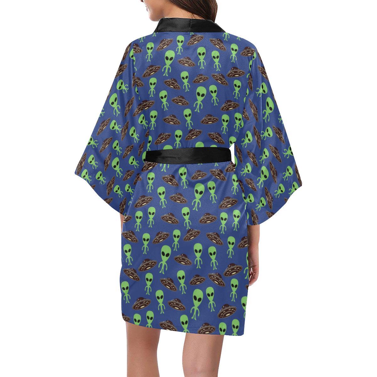 Alien Green UFO Pattern Women Short Kimono Robe