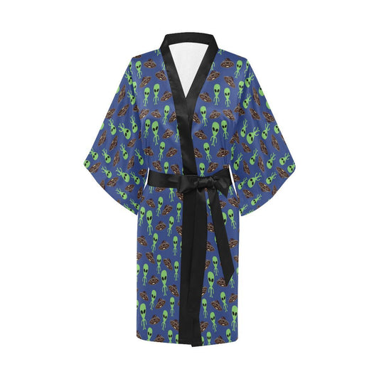 Alien Green UFO Pattern Women Short Kimono Robe