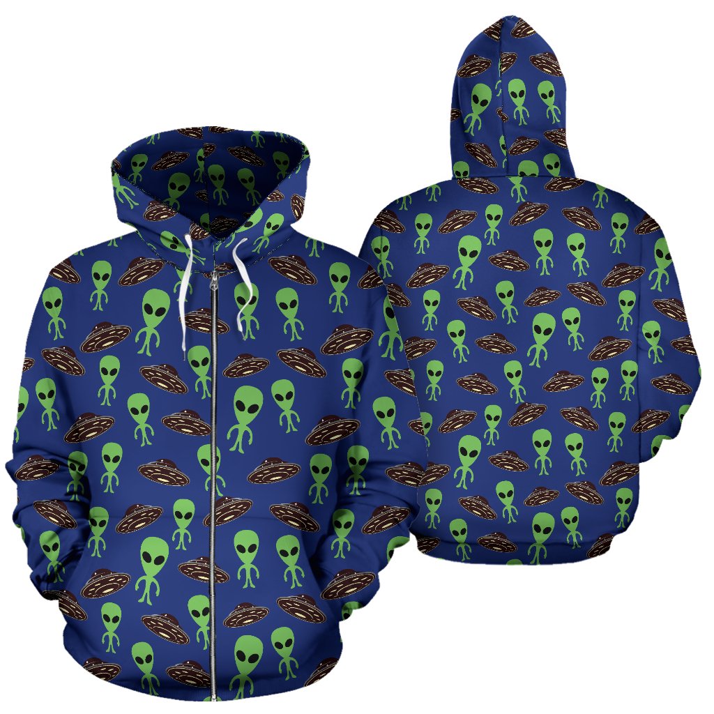 Alien Green UFO Pattern Zip Up Hoodie