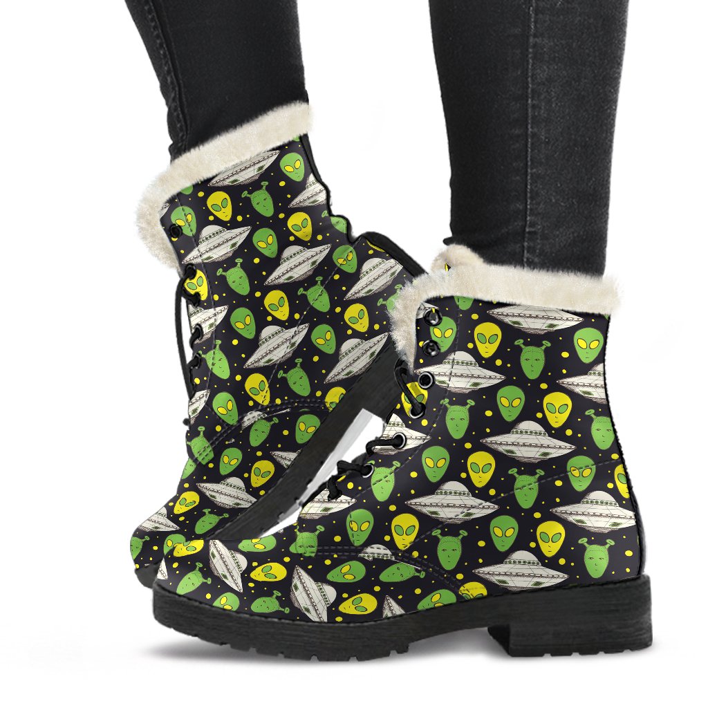 Alien UFO Pattern Faux Fur Leather Boots-JTAMIGO.COM