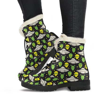Alien UFO Pattern Faux Fur Leather Boots-JTAMIGO.COM