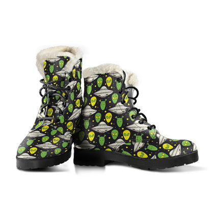 Alien UFO Pattern Faux Fur Leather Boots-JTAMIGO.COM