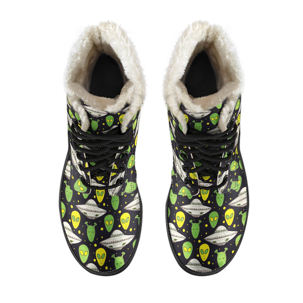 Alien UFO Pattern Faux Fur Leather Boots-JTAMIGO.COM