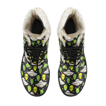 Alien UFO Pattern Faux Fur Leather Boots-JTAMIGO.COM