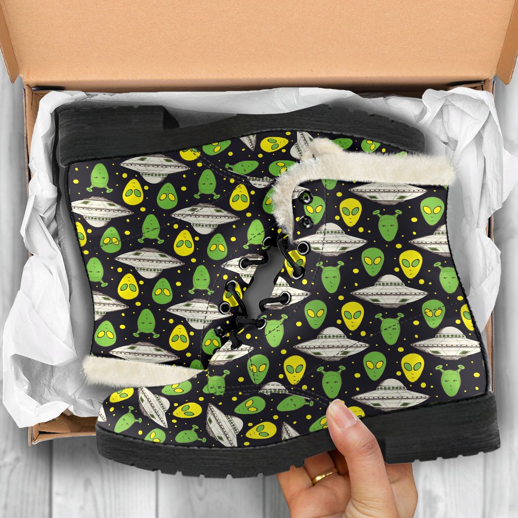Alien UFO Pattern Faux Fur Leather Boots-JTAMIGO.COM