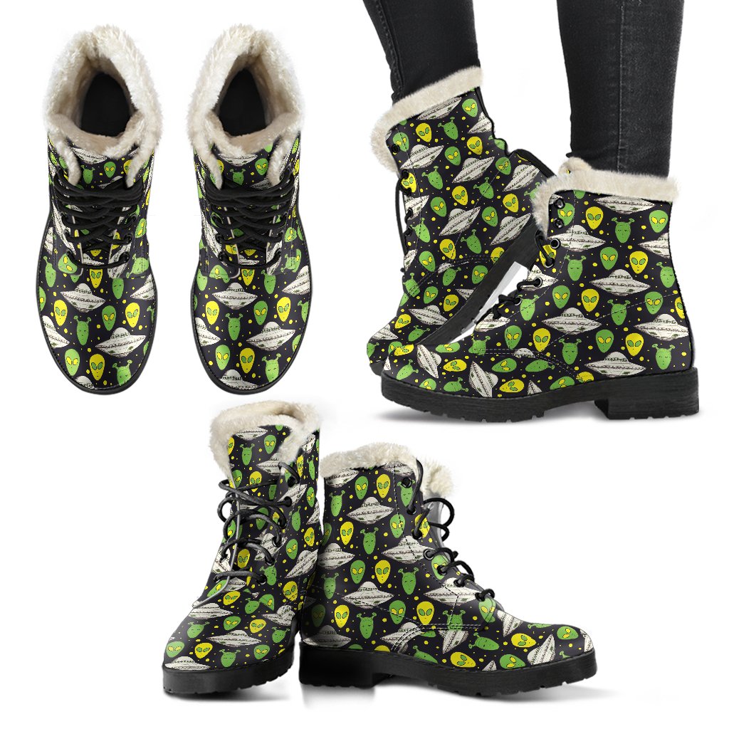 Alien UFO Pattern Faux Fur Leather Boots-JTAMIGO.COM