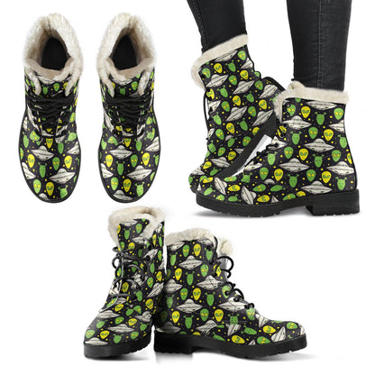 Alien UFO Pattern Faux Fur Leather Boots-JTAMIGO.COM