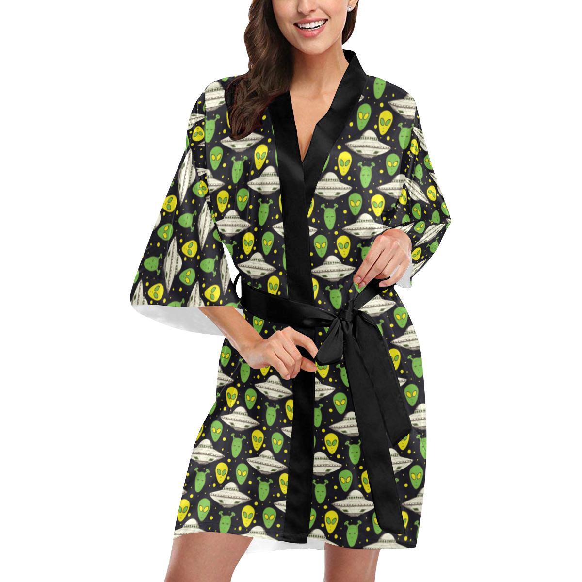 Alien UFO Pattern Women Short Kimono Robe