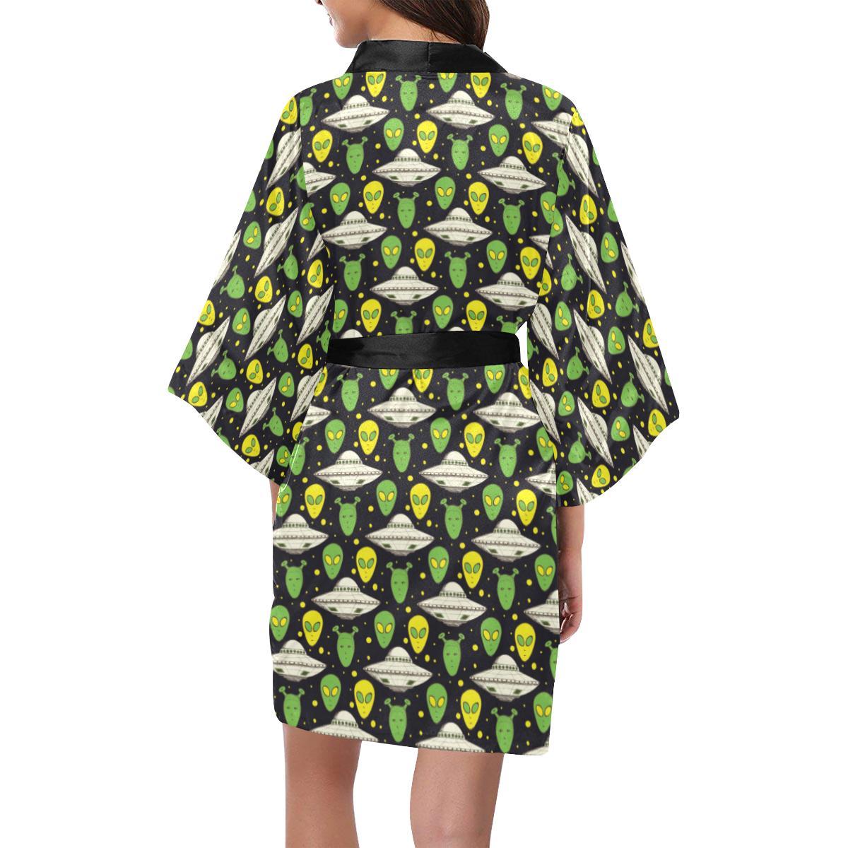 Alien UFO Pattern Women Short Kimono Robe