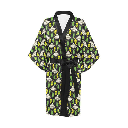 Alien UFO Pattern Women Short Kimono Robe