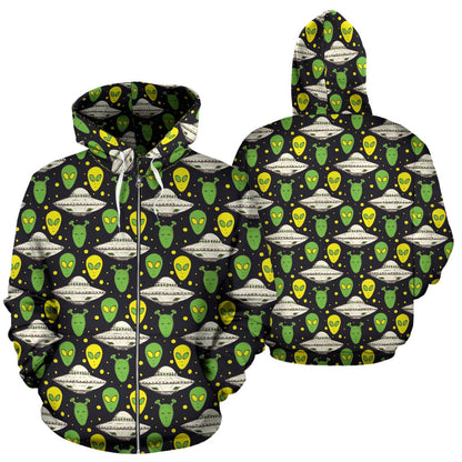 Alien UFO Pattern Zip Up Hoodie