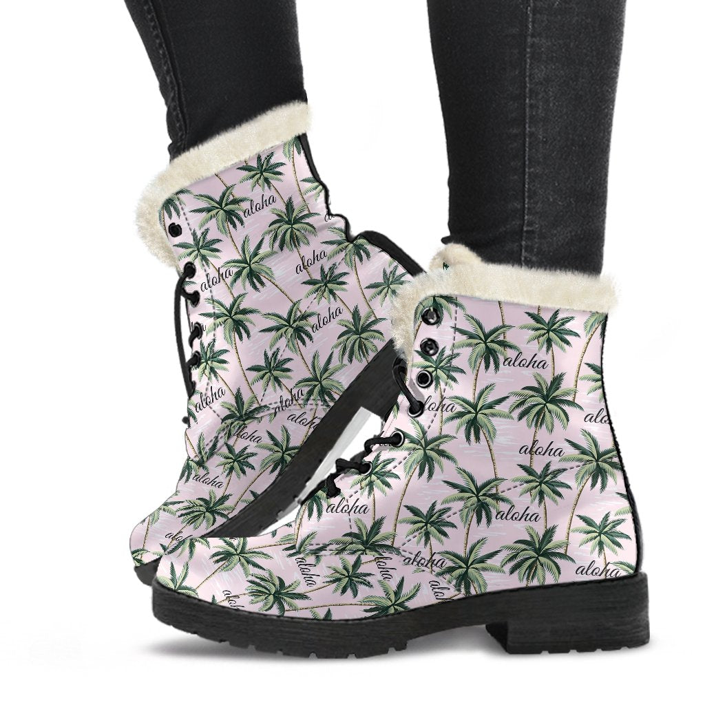 Aloha Beach Pattern Design Themed Print Faux Fur Leather Boots-JTAMIGO.COM
