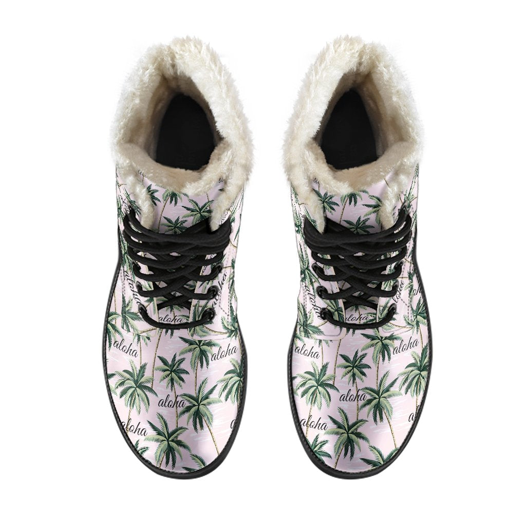 Aloha Beach Pattern Design Themed Print Faux Fur Leather Boots-JTAMIGO.COM