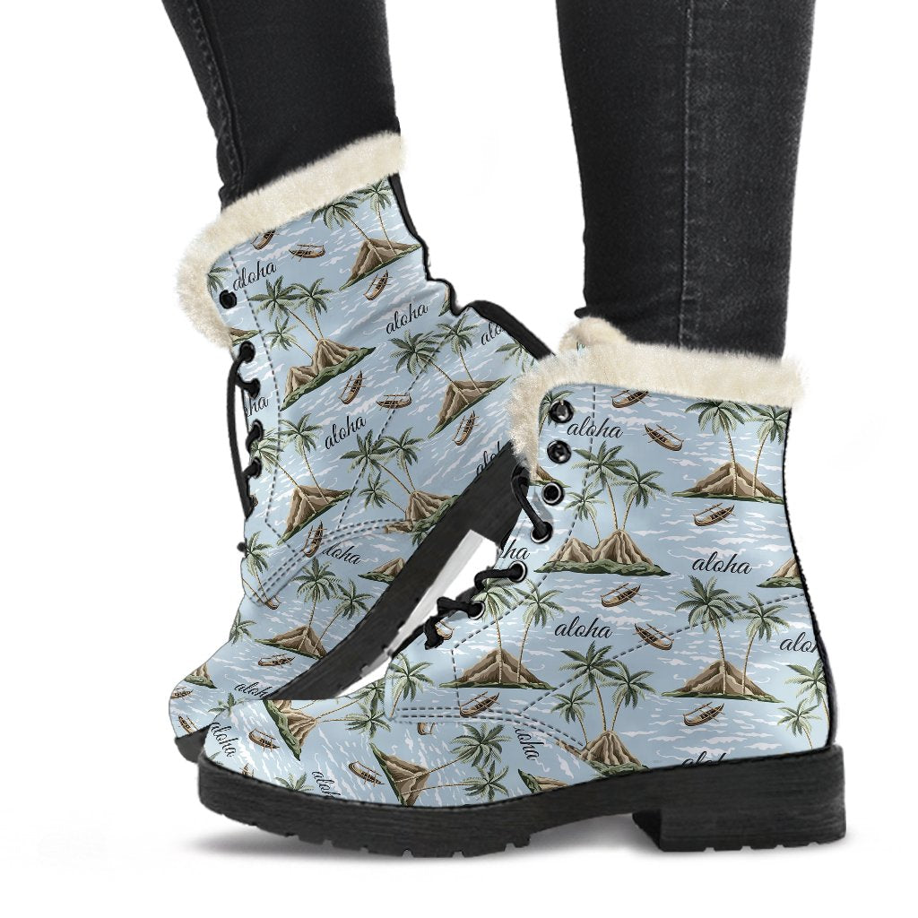 Aloha Hawaii island Design Themed Print Faux Fur Leather Boots-JTAMIGO.COM