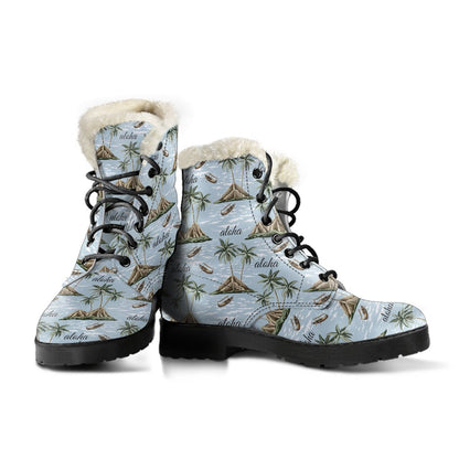 Aloha Hawaii island Design Themed Print Faux Fur Leather Boots-JTAMIGO.COM