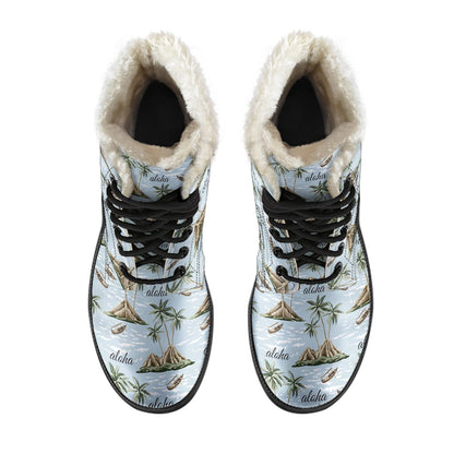 Aloha Hawaii island Design Themed Print Faux Fur Leather Boots-JTAMIGO.COM