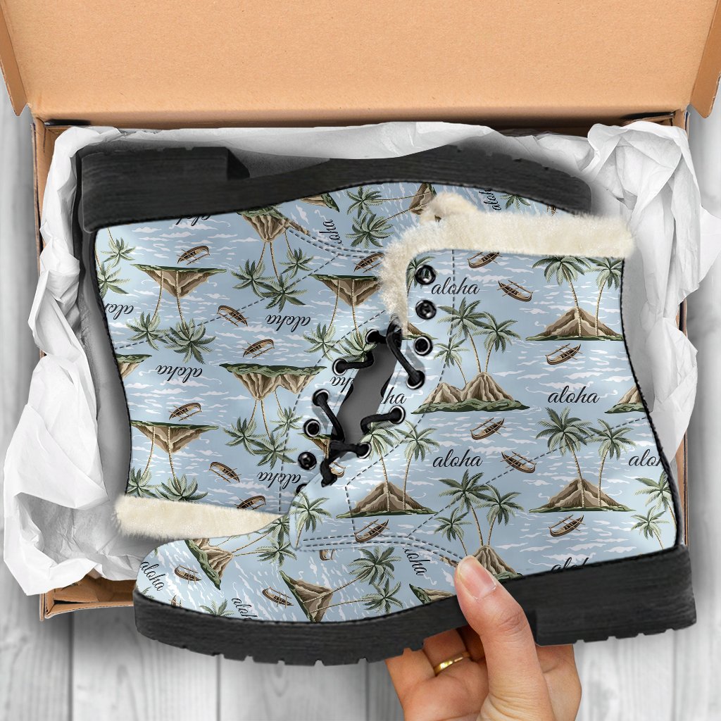 Aloha Hawaii island Design Themed Print Faux Fur Leather Boots-JTAMIGO.COM