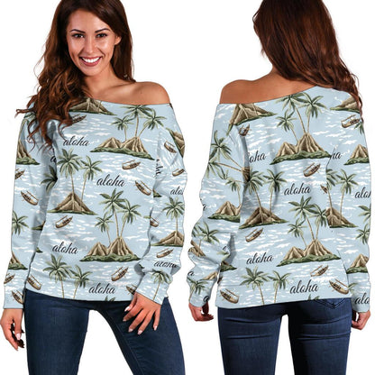 Aloha Hawaii Island Design Themed Print Off Shoulder Sweatshirt