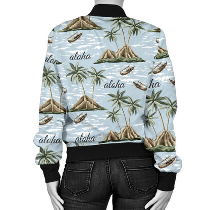Aloha Hawaii Island Design Themed Print Women Casual Bomber Jacket