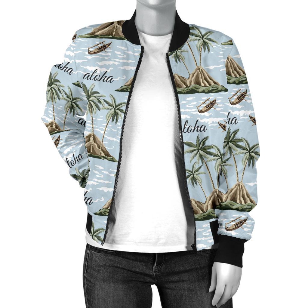 Aloha Hawaii Island Design Themed Print Women Casual Bomber Jacket