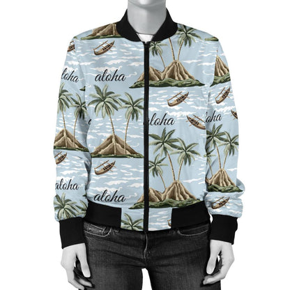 Aloha Hawaii Island Design Themed Print Women Casual Bomber Jacket
