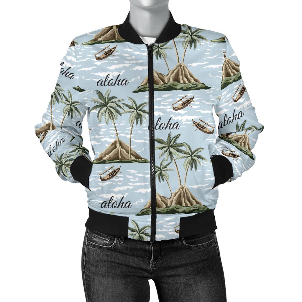 Aloha Hawaii Island Design Themed Print Women Casual Bomber Jacket