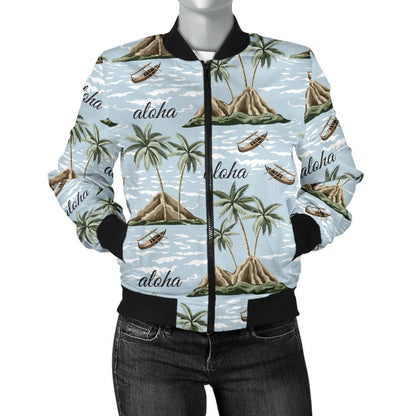 Aloha Hawaii Island Design Themed Print Women Casual Bomber Jacket