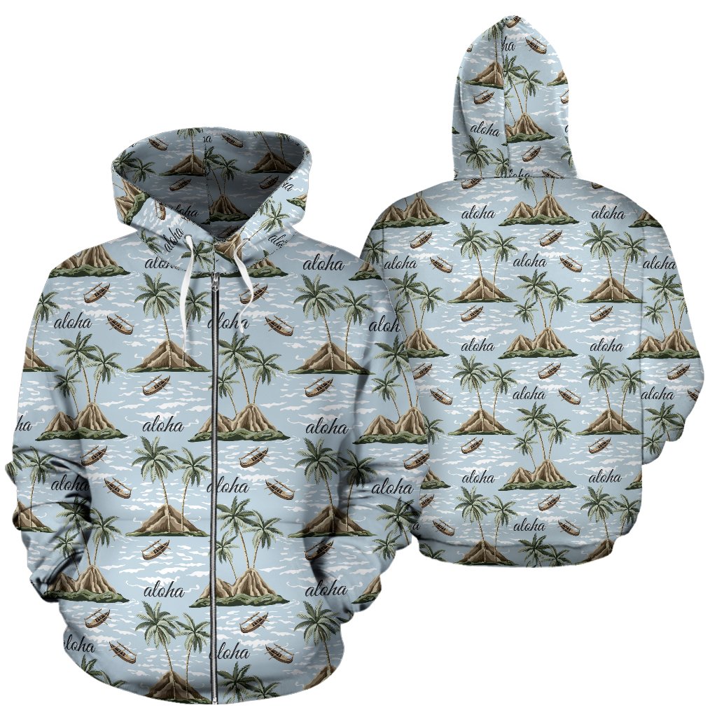 Aloha Hawaii Island Design Themed Print Zip Up Hoodie
