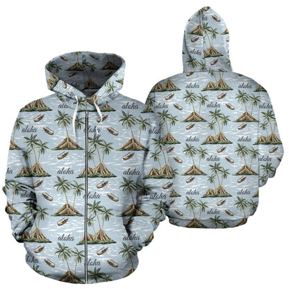 Aloha Hawaii Island Design Themed Print Zip Up Hoodie