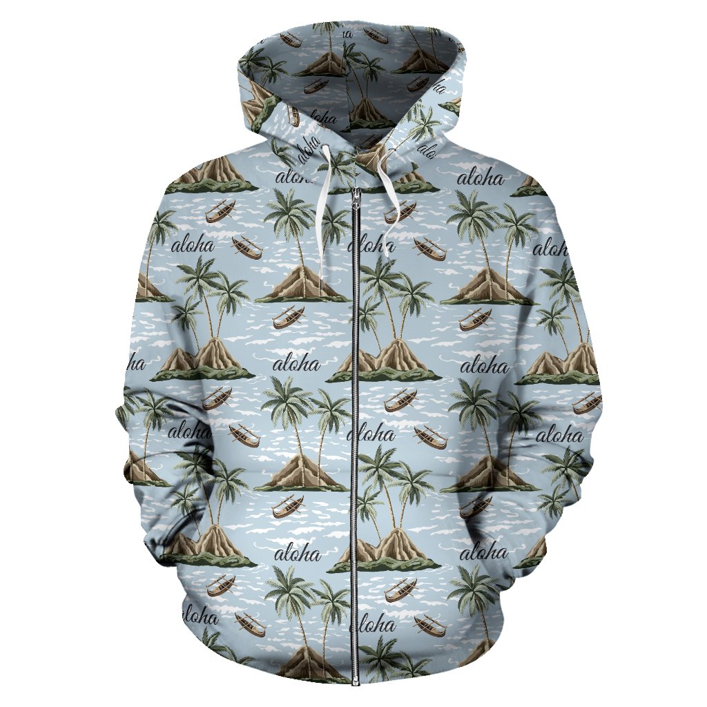 Aloha Hawaii Island Design Themed Print Zip Up Hoodie
