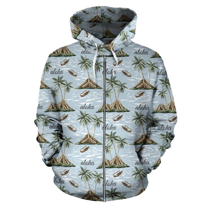 Aloha Hawaii Island Design Themed Print Zip Up Hoodie