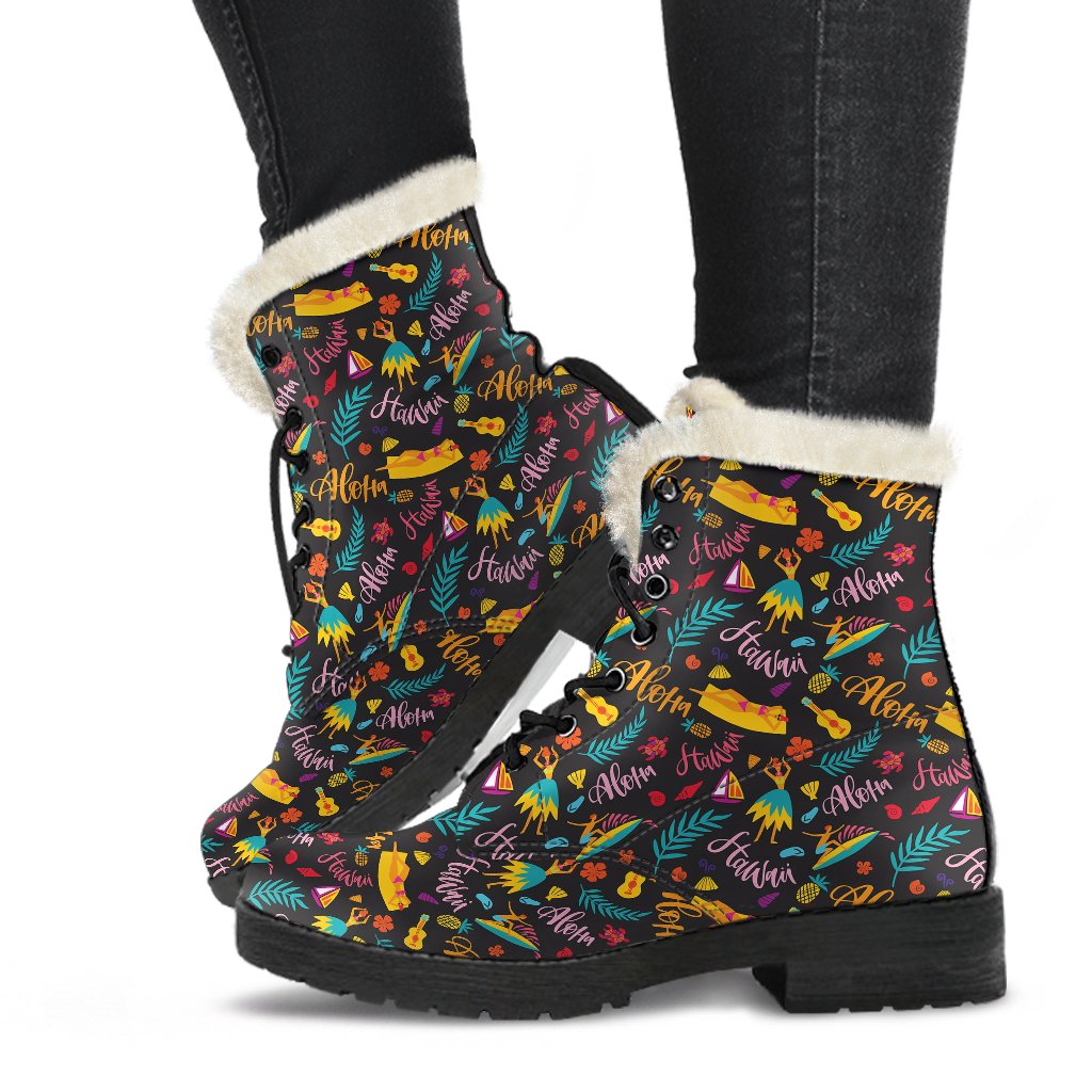 Aloha Hawaii Summer Design Themed Print Faux Fur Leather Boots-JTAMIGO.COM