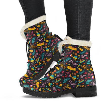 Aloha Hawaii Summer Design Themed Print Faux Fur Leather Boots-JTAMIGO.COM