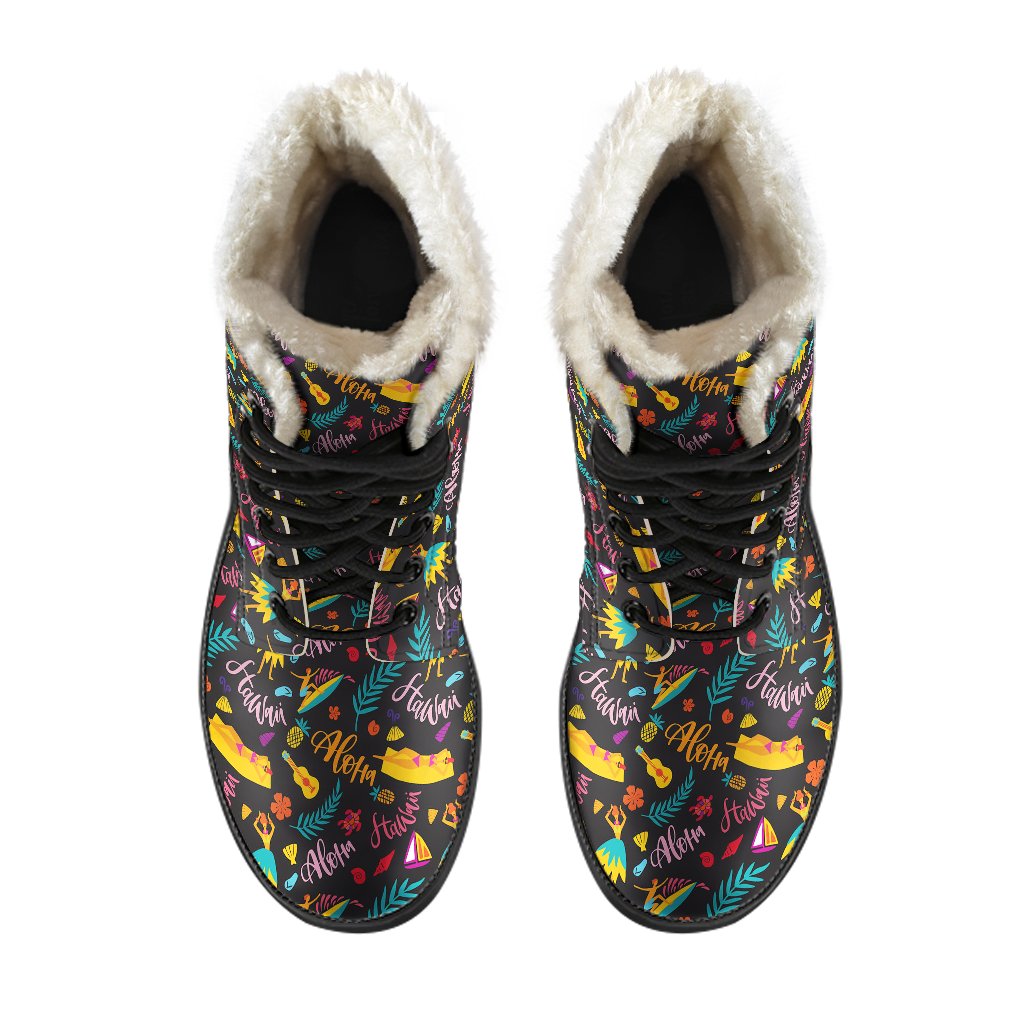 Aloha Hawaii Summer Design Themed Print Faux Fur Leather Boots-JTAMIGO.COM